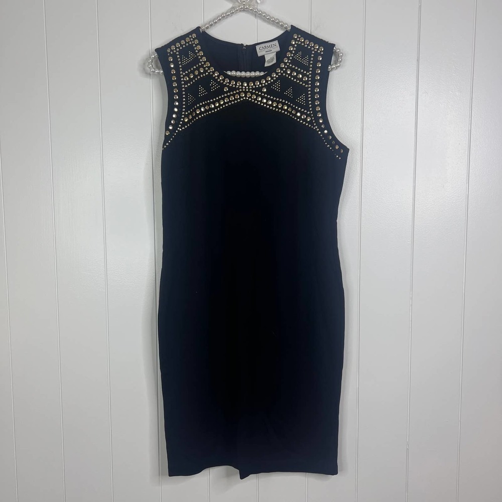 Carmen Marc Valvo Black Tank Dress With Studded Neckline Sz M